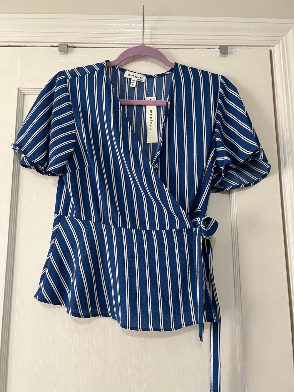 Monteau Navy and White Striped Wrap Blouse